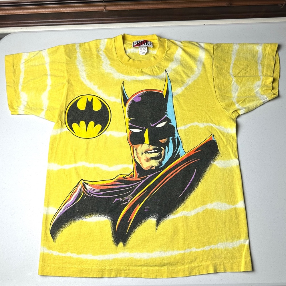 Vintage 80’s Batman Tie Dye AOP DC Comics Single Stitch Graphic Tee Size Large